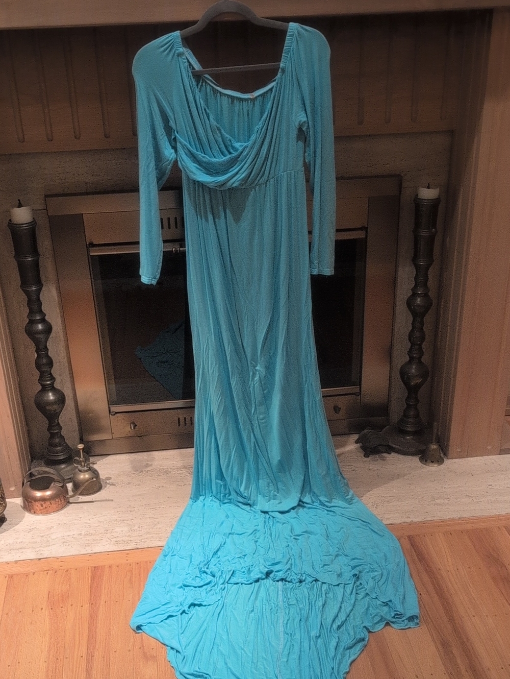 Blue Draped Long Sleeve Maxi Dress -
